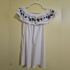 easel White Off-Shoulder Dress with Blue Floral Embroidery